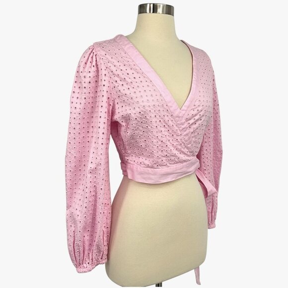 NWT LoveShackFancy Kinza Crop Wrap Top Lotus Pink Embroidered Eyelet Size M - Picture 8 of 13